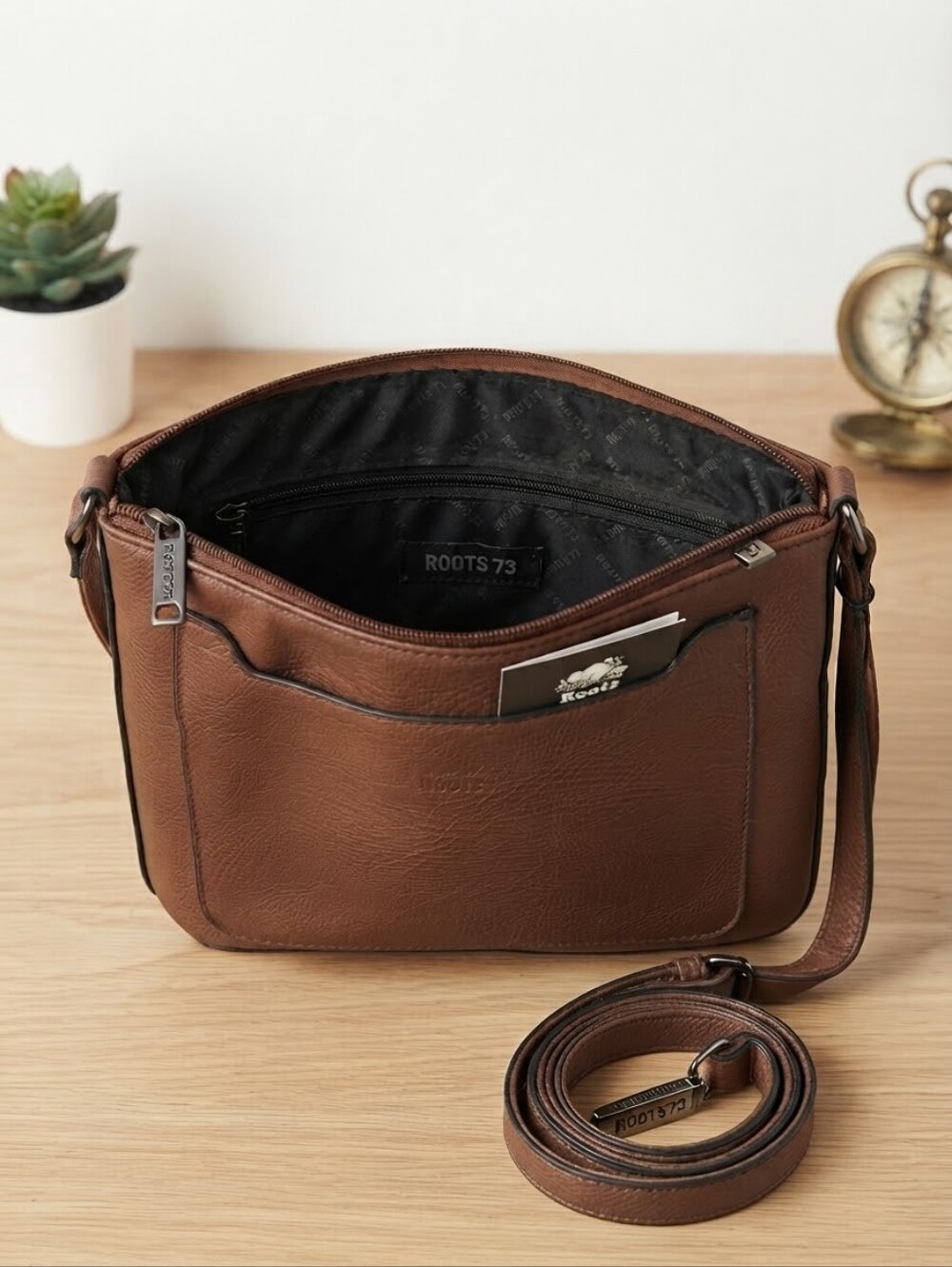 Roots 73 Brown Vegan Leather Crossbody Bag Purse with Front Pocket & Strap